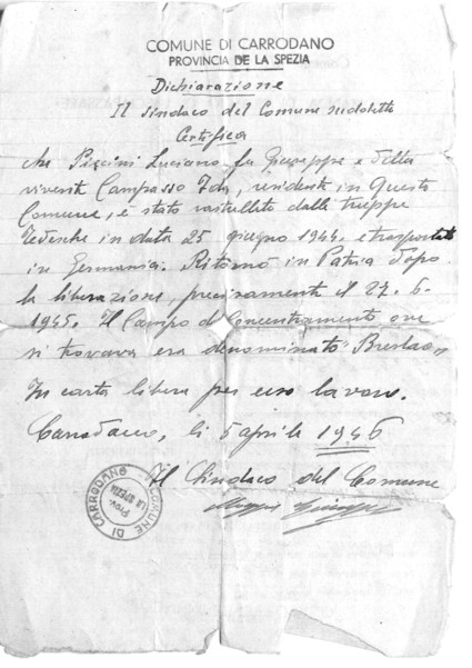 Doumento - lettera del 5.04.1946 dell'Archivio fam. Piccini