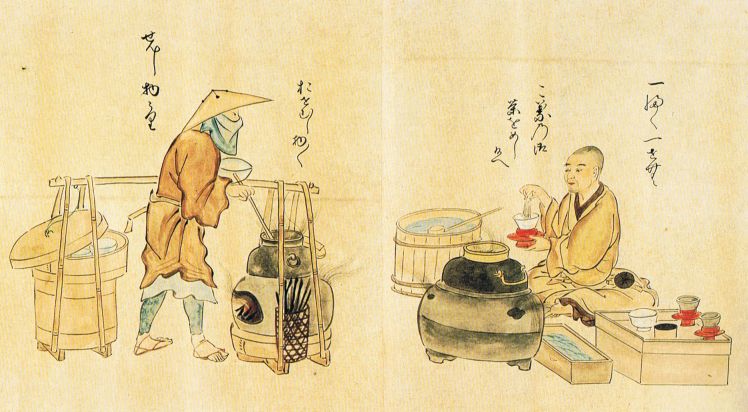 Kano Osanobu, Una casa da tè  all'aperto (a sinistra) e un ambulante venditore di bevande calde, 1846, xilografia colorata, Tokyo, National Museum