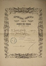ingrandisce in nuova finestra immagine della lnota di merito a soldato dell'Armée des Vosges firmata dal Comandant de la Brigade S. Canzio, 1 marzo 1871